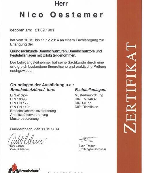 Zertifikat Türen Tore